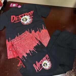 MISHKA DESTROY 78 clothing, eyeball, bloody graphic T-shirt, joggers set L or XL